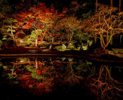 京都の紅葉めぐり 紅葉の穴場しょうざんリゾートの水鏡紅葉ライトアップ