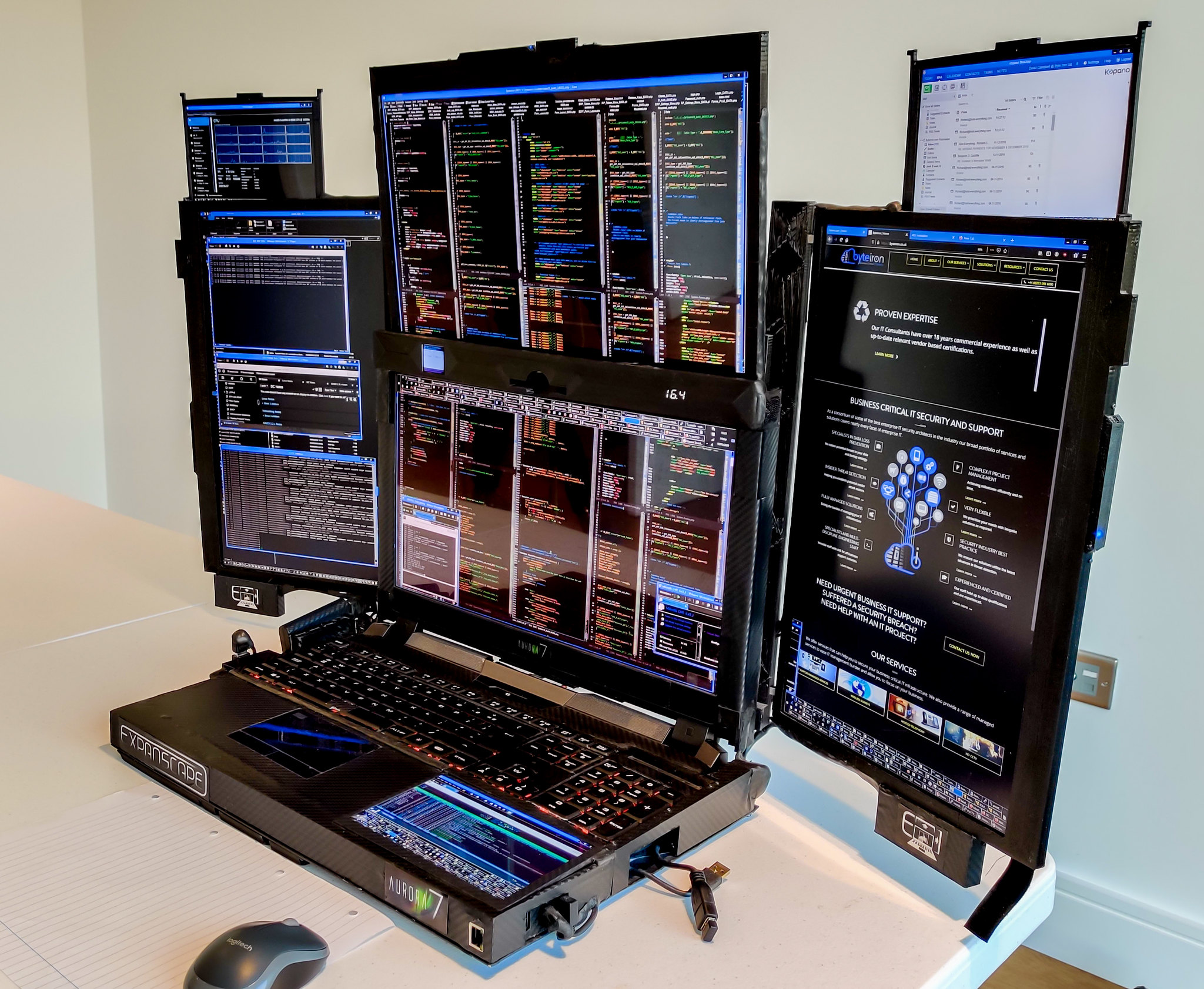 ノートPCでマルチディスプレイ 7画面 Aurora 7 プロトタイプ と Aqual モバイルデュアルディスプレイ