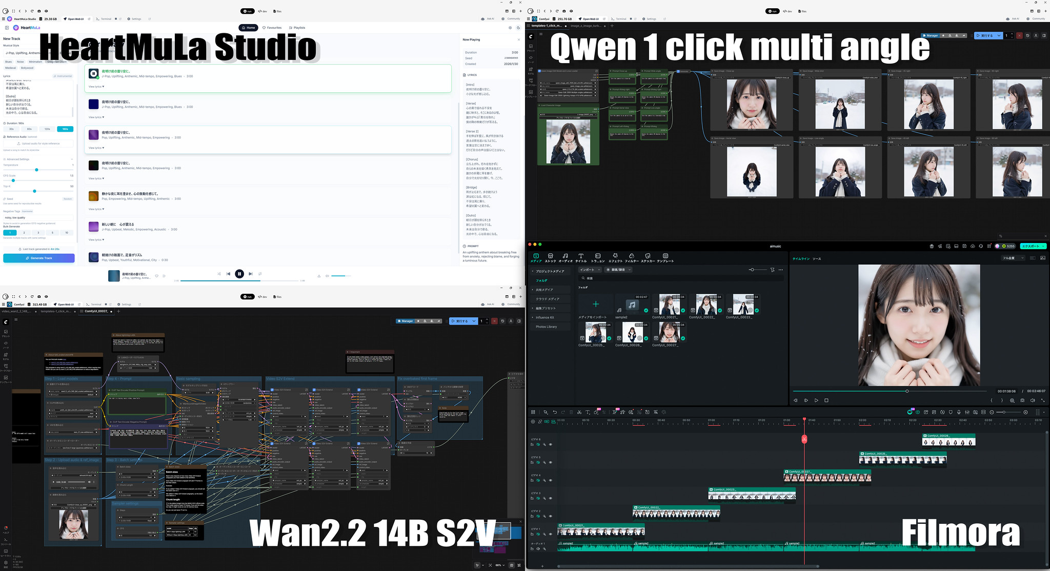 Sunoライクな楽曲生成AI HeartMuLa Studio / Qwen マルチアングル生成 / Wan2.2 S2V で ローカルPC で MV生成 #生成AI
